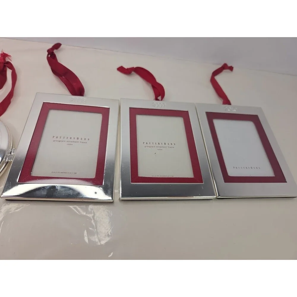 6 Pc Pottery Barn Silver Frame Ornament Lot 2005-2010 Mixed Ribbon Locket NEW